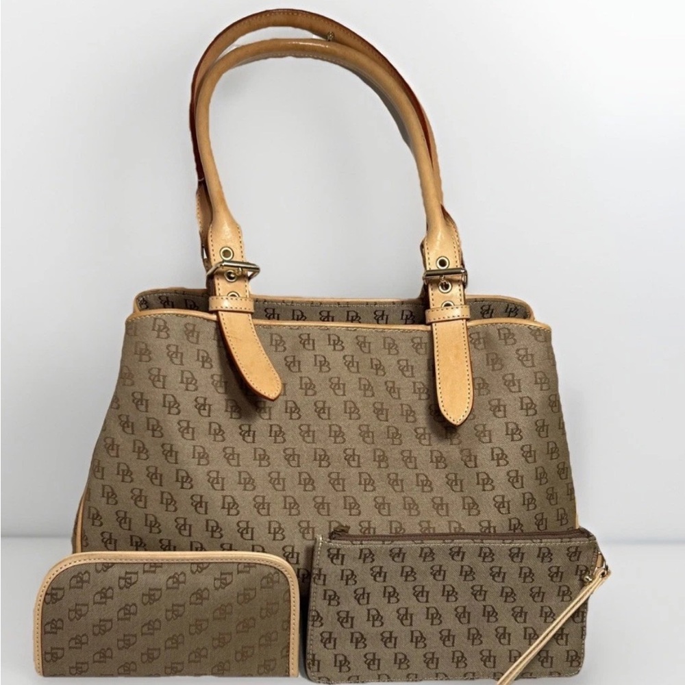 Dooney & Bourke Buckle Satchel Bag Purse Signature Monogram Canvas w/ 3 Pieces